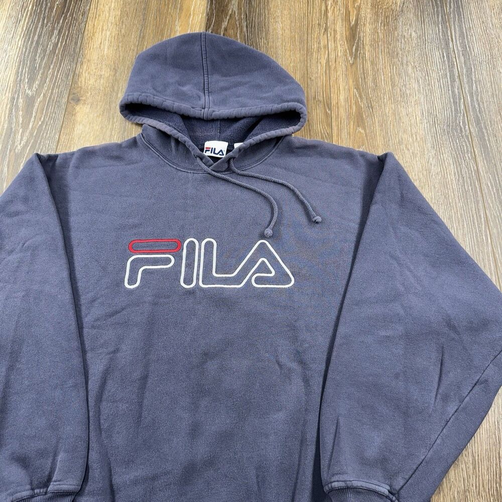 Vintage Fila Hoodie Mens L Blue Sweatshirt Big Spellout Soccer Logo 90s Sweater
